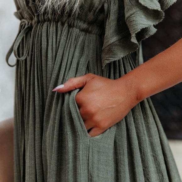 New Boho Flowy Gauze Cover Up Maxi Dress Button Front Muted Olive Green - Picture 5 of 12